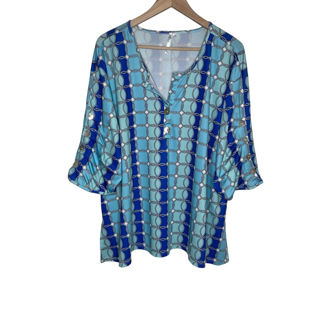 Lulu B Womens XL Blue Geometric Tunic Top Stretch Blouse Travel